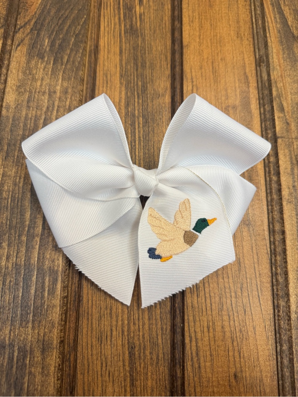 White Girls' Hair Bow with Embroidered Mallard Duck